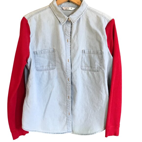 Upcycled Denim Shirt Jacket (M-L): Vintage Quilt Patchwork, Waffle Knit Sleeves - Picture 3 of 12